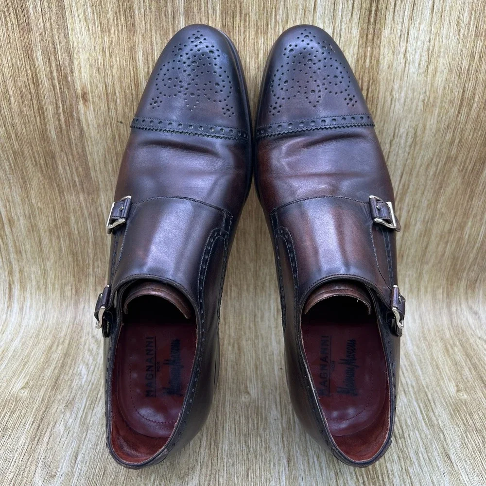 Magnanni Double Monk Strap Men's Size 9 Dark Brown Brogue Cap Toe Leather Spain